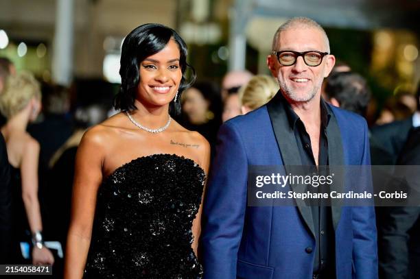 Vincent Cassel and Narah Baptista attend the "Parthenope" Red Carpet at the 77th annual Cannes Film Festival at Palais des Festivals on May 21, 2024...