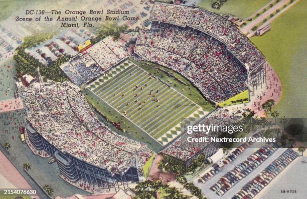 Vintage colorized historic souvenir photo postcard published circa 1945 as part of a series titled, 'Miami the Magic City,' depicting an aerial view...