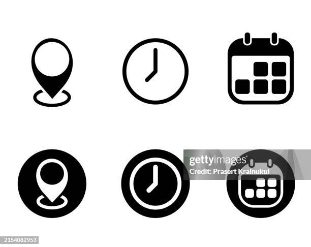 location marker, calendar, and clock icon vector. event elements - día fotografías e imágenes de stock