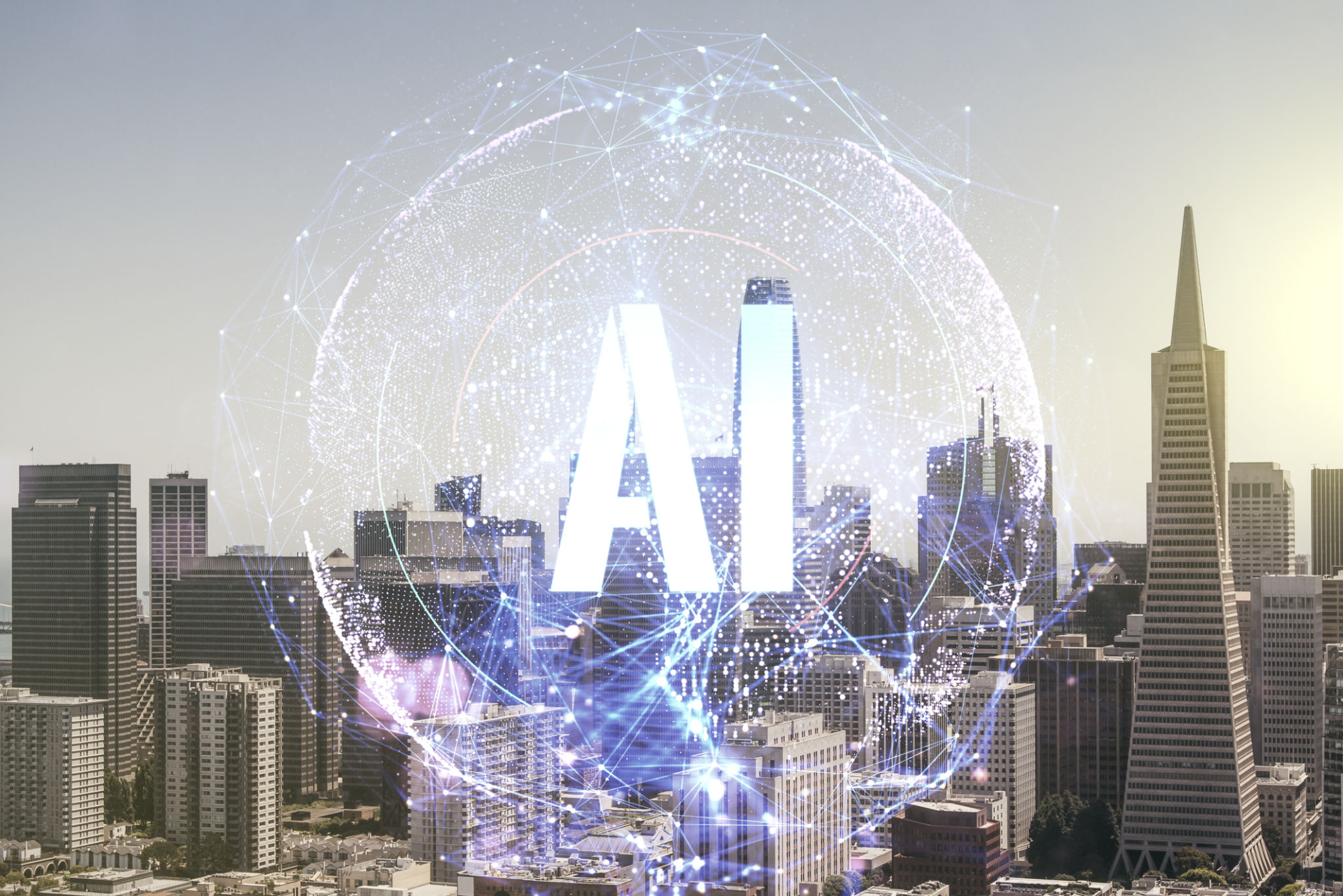Creative artificial Intelligence symbol hologram on San Francisco cityscape background. Double exposure Creative artificial Intelligence symbol hologram on San Francisco cityscape background. Double exposure