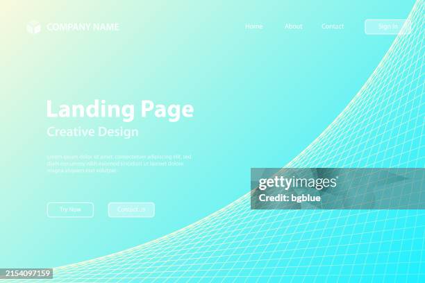 landing page template - blue geometric background with curved 3d grid - light blue gradient stock illustrations