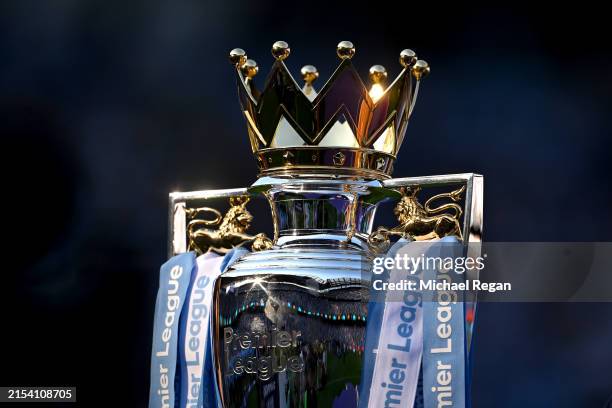 View of the Premier League trophy after the Premier League match between Manchester City and West Ham United at Etihad Stadium on May 19, 2024 in...