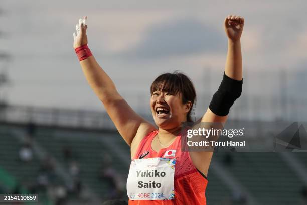 Yukiko Saito of Japan reacts while competing in the Women's Shot Put F46 final during day six of the World Para Athletics Championships Kobe at Kobe...