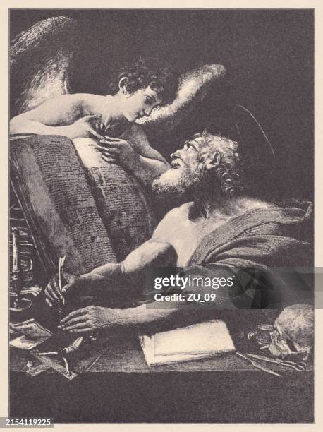 matthew and the angel, painted by domenichino, halftone, published 1891 - gospel writers stock illustrations