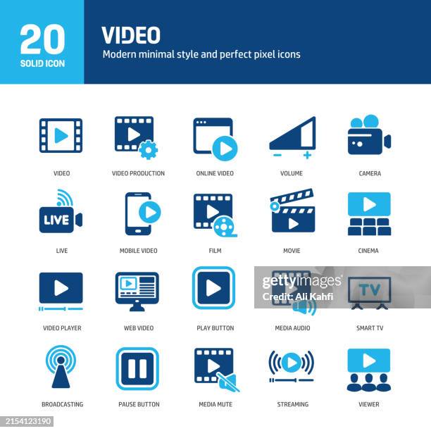 stockillustraties, clipart, cartoons en iconen met video glyph solid icons. containing cinema, video player, live streaming, web video solid icons collection. vector illustration. for website design, logo, app, template, ui, etc. - filmen