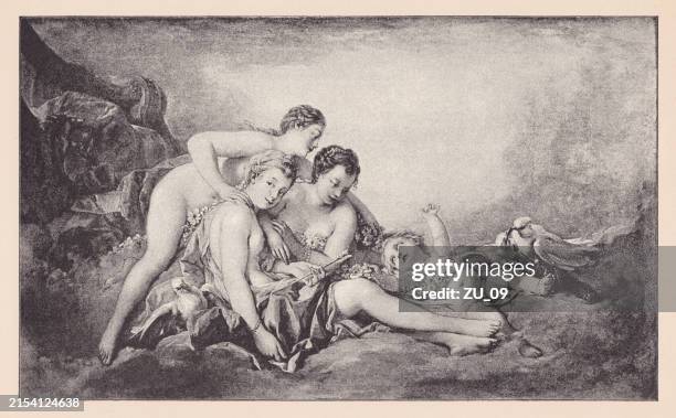 illustrations, cliparts, dessins animés et icônes de vénus désarme cupidon, peint par françois boucher, demi-teinte, publié en 1891 - image du xviiième siècle