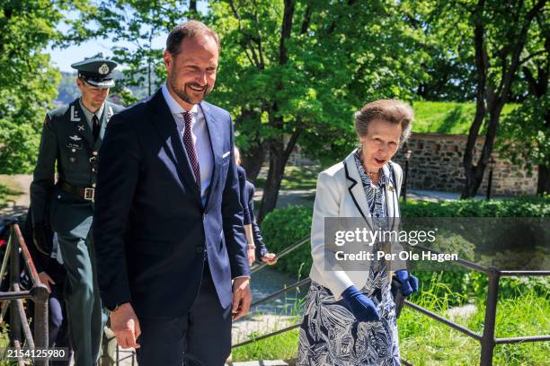 Crown Prince Haakon Magnus of Norway and Princess Anne, Princess Royal of Great Britain visit the Home Front Museum in Oslo on May 22, 2024 in Oslo,...