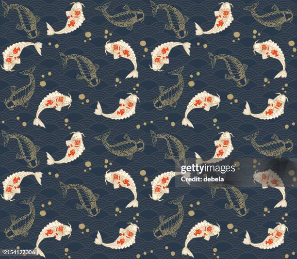 Japanese Koi Fish Pattern With A Blue Seigaiha Background High-Res