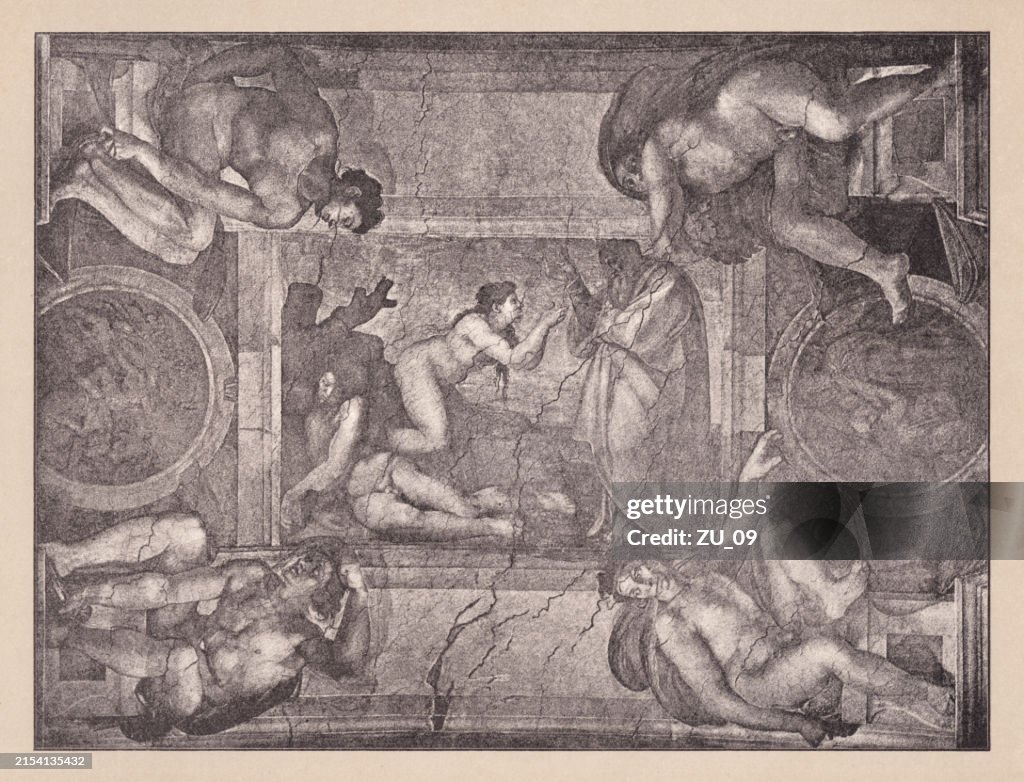 Die Erschaffung der Eva, gemalt von Michelangelo, Halbtondruck, veröffentlicht 1891