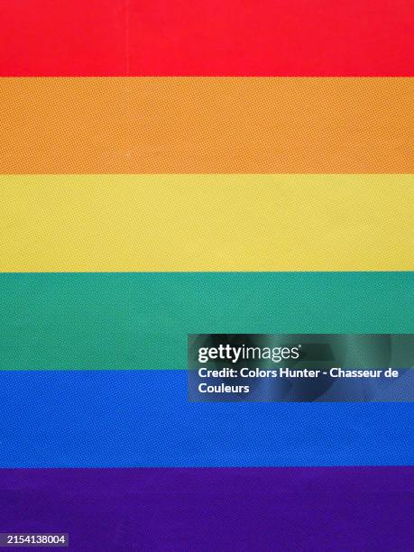 very close-up of the colors of the lgbt+ flag printed in offset on paper. the printing pattern and ink dots are visibles for each color (except red).
natural light and bright colors.
paris, france. - mois des fiertés lgbtqia photos et images de collection