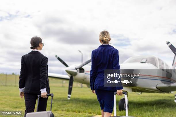 two stewardesses in front of an airplane - stewardess stockfoto's en -beelden