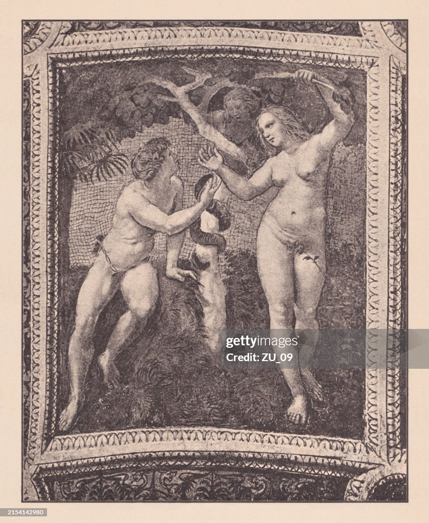Adam and Eve, painted by Raphael, halftone print, published 1891