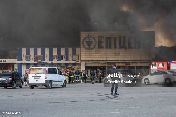 The Epicenter supermarket of construction goods burned down in a residential area in the north of Kharkiv after two Russian air bombs hit at around...