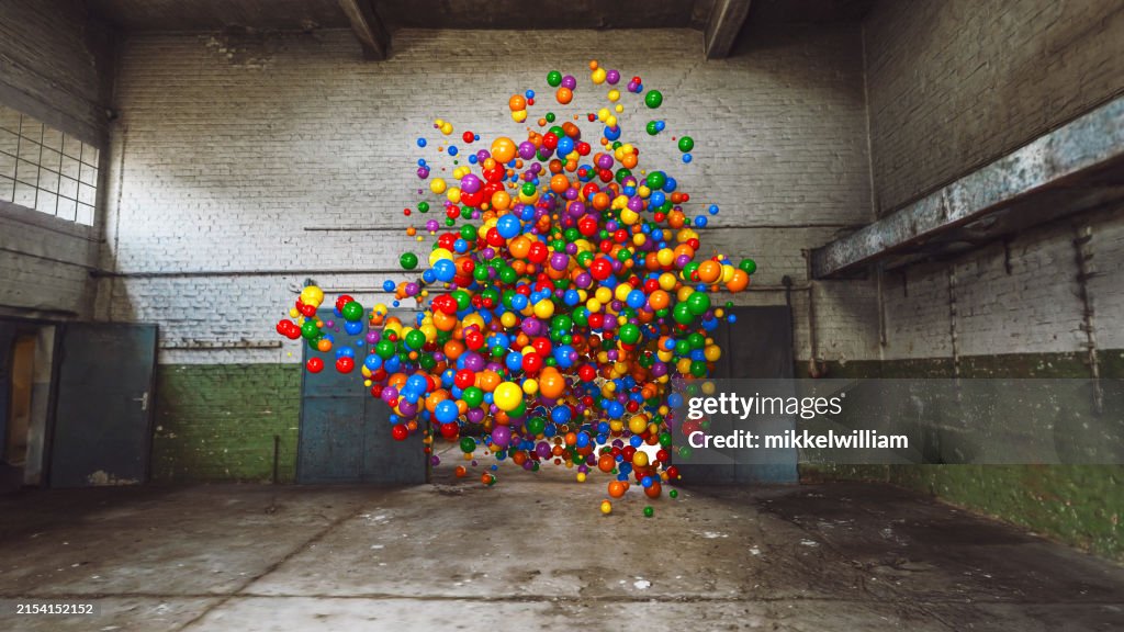 Urban Contrast: Balloons Brighten Abandoned Building