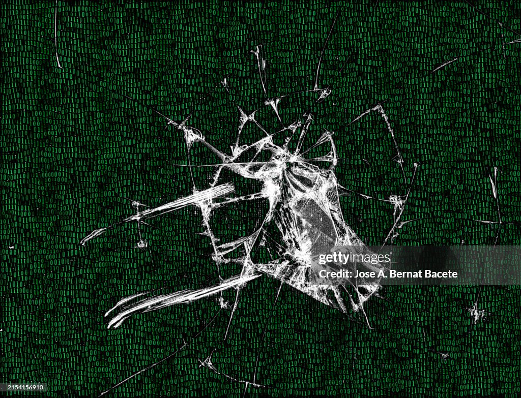 Broken Code Computer Screen Of A Computer Monitor With Digital Code And Broken Glass Due To ...