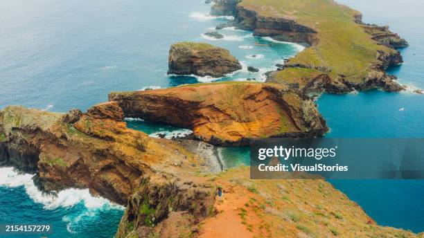 vue aérienne d’une femme faisant de la randonnée sur de majestueuses falaises greed entourées par l’océan à ponto são lourenço sur l’île de madère - funchal photos et images de collection
