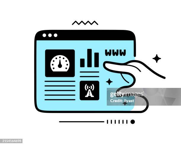 continuous line web browser with icons for bandwidth speed - landing page mockup stock illustrations