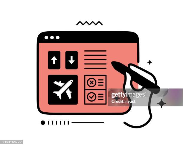 continuous line web browser with icons for flight check-in - landing page mockup stock illustrations