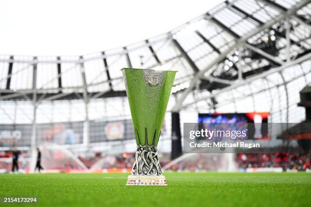 Detailed view of the UEFA Europa League Trophy is seen on the pitch prior to the UEFA Europa League 2023/24 final match between Atalanta BC and Bayer...