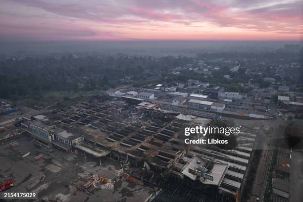 Aerial view of the destroyed contruction hypermarket "Epicentr" at dawn on May 26, 2024 in Kharkiv, Ukraine. Russia launched a missile attack on the...