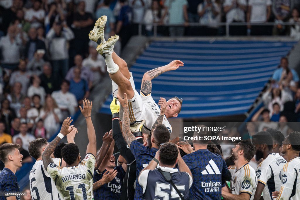 Toni Kroos (8) in the air by his teammates after the La Liga...