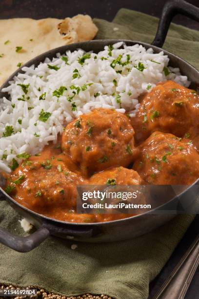 butter chicken meatballs with rice - meatball stock pictures, royalty-free photos & images