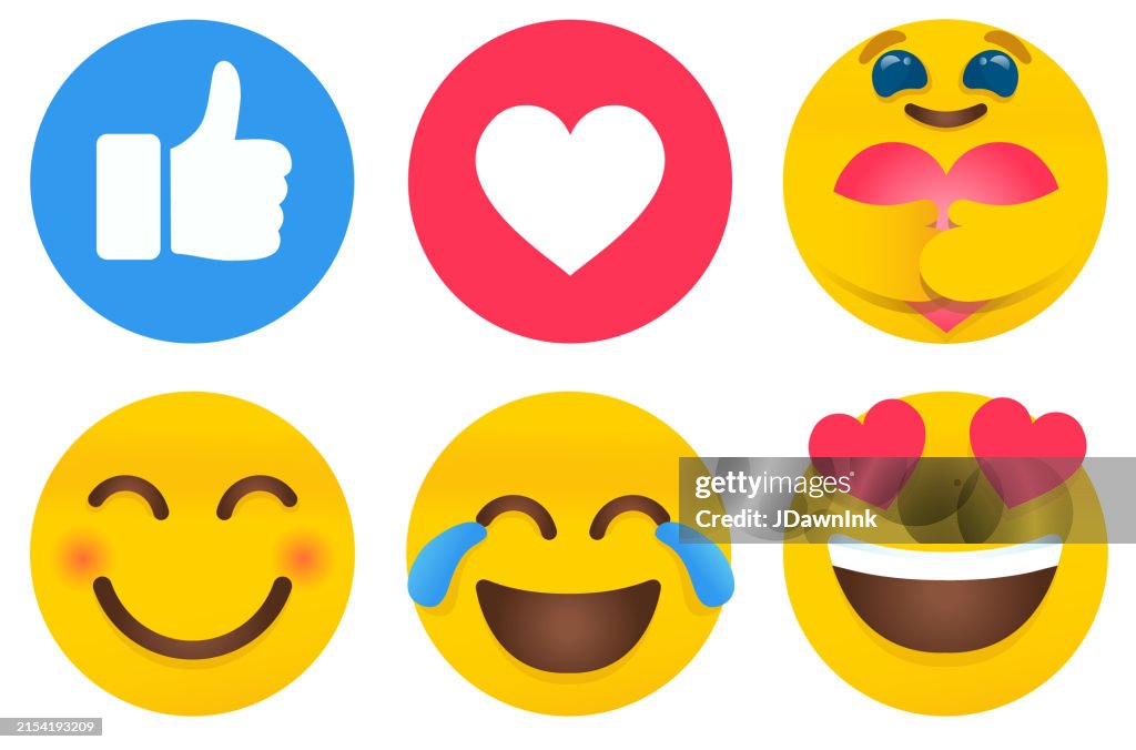 Set von niedlichen Social-Media-positiven Emoji-Gesichtern Daumen hoch, Herz, Pflege, Lächeln, Weinen, Lachen, lächelndes Gesicht mit herzförmigen Augensymbolen