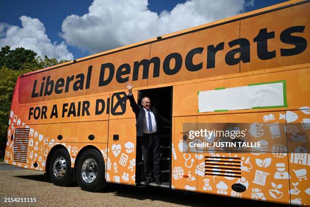 Britain's Liberal Democrat party Leader Ed Davey gets out from the battlebus as he launches the Liberal Democrat general election campaign, in...