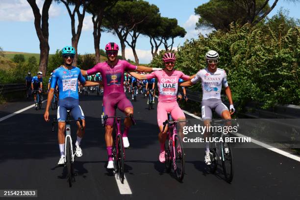 Team Bardiani's Italian rider Giulio Pellizzari wearing the best climber's blue jersey , Team Lidl-Trek's Italian rider Jonathan Milan wearing the...