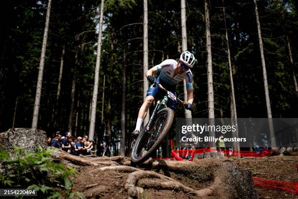 Mathis Azzaro of France and Team Decathlon Ford Racing Team race during the Men Elite Cross Country Olympic Race of the UCI Mountain Bike World Cup...