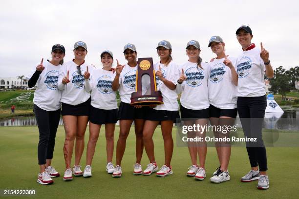 Stanford Cardinal players and coaches celebrate with the winner's trophy after winning the NCAA Women's Golf Division I Championships at Omni La...