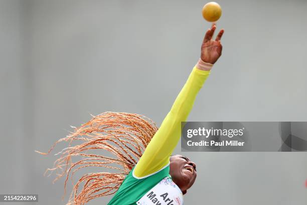 Arlette Mawe Forkoa of Cameroon competes in the Women's Shot Put F57 final during day seven of the World Para Athletics Championships Kobe at Kobe...