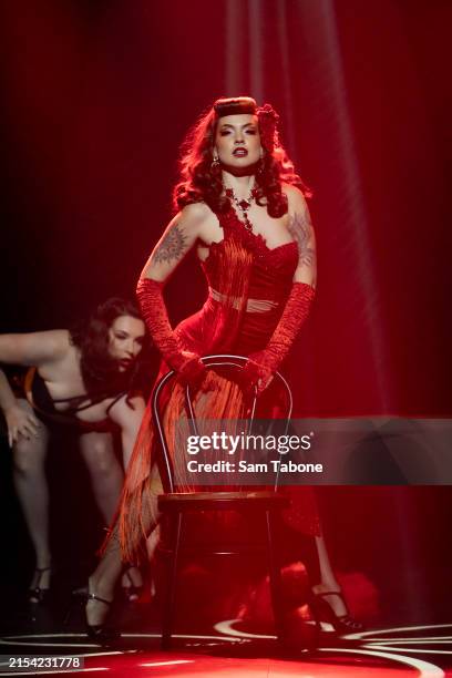 Juniper Fox performs during a media preview of "Shimmery Burlesque" at Athenaeum Theatre on May 23, 2024 in Melbourne, Australia.