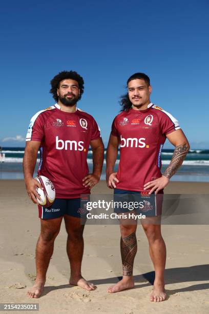 Zane Nonggorr and George Blake pose during a Qld Reds Media Opportunity at Main Beach on May 23, 2024 in Gold Coast, Australia.