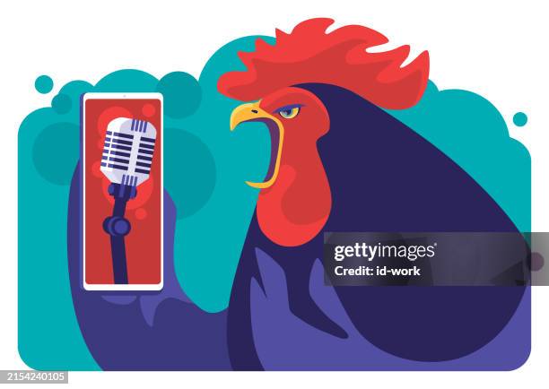 ilustraciones, imágenes clip art, dibujos animados e iconos de stock de canto de gallo con micrófono en el teléfono inteligente - llamada teléfono