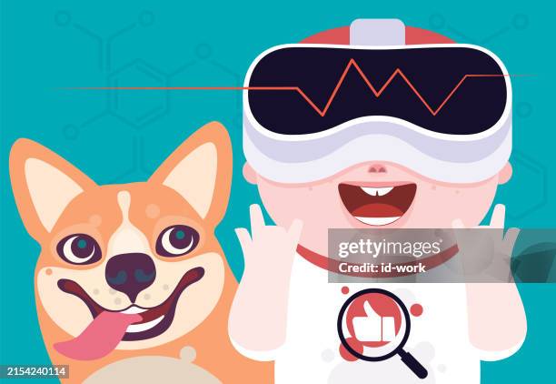 little boy exploring with vr headset beside dog - smart kid with glasses cartoon stock illustrations