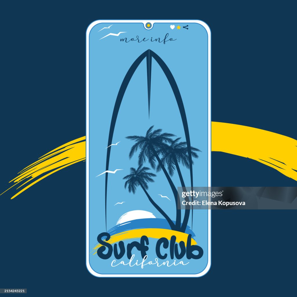 Summer exotic holiday concept in flat retro style. Mobile phone and surfboard with summer sunset and palm trees on an colored background. Stylish retro web template.