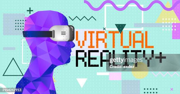 virtual reality text with vr device wearing guy - wearable camera point of view stock illustrations