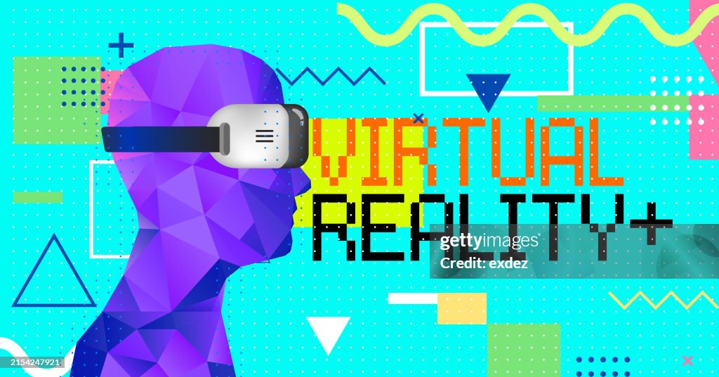 Virtual reality text with VR device wearing guy