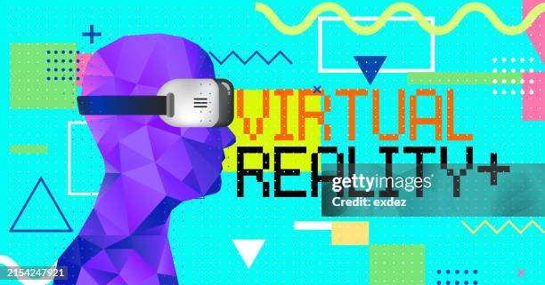 virtual reality text with vr device wearing guy - wearable camera point of view stock illustrations
