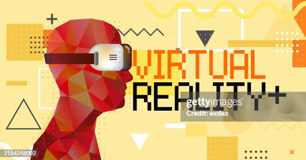 virtual reality text with vr device wearing guy - wearable camera point of view stock illustrations