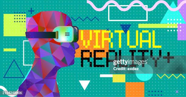 virtual reality text with vr device wearing guy - wearable camera point of view stock illustrations