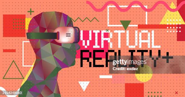 virtual reality text with vr device wearing guy - wearable camera point of view stock illustrations