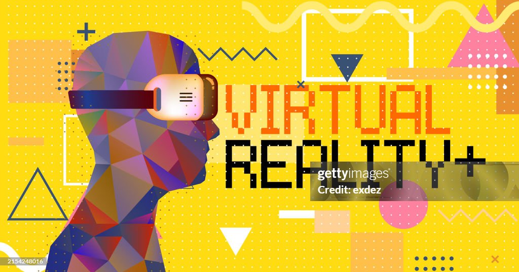 Virtual reality text with VR device wearing guy