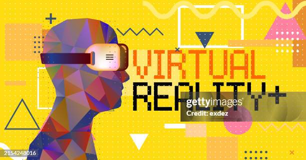 virtual reality text with vr device wearing guy - wearable camera point of view stock illustrations
