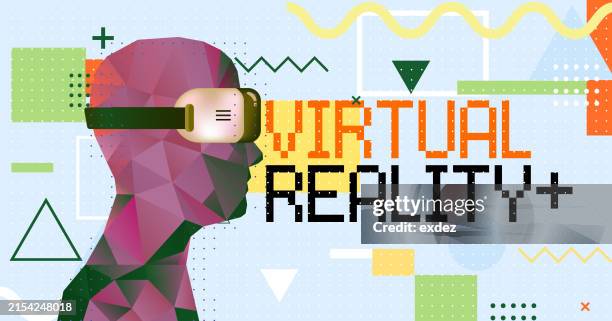 virtual reality text with vr device wearing guy - wearable camera point of view stock illustrations