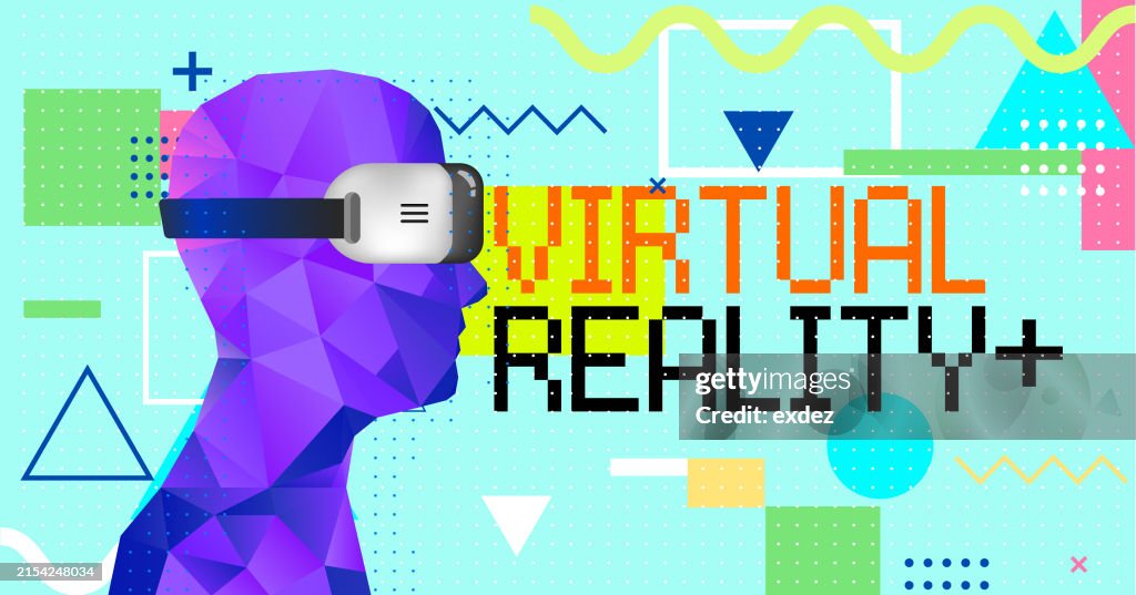 Virtual reality text with VR device wearing guy