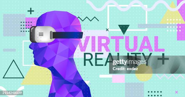 virtual reality text with vr device wearing guy - wearable camera point of view stock illustrations