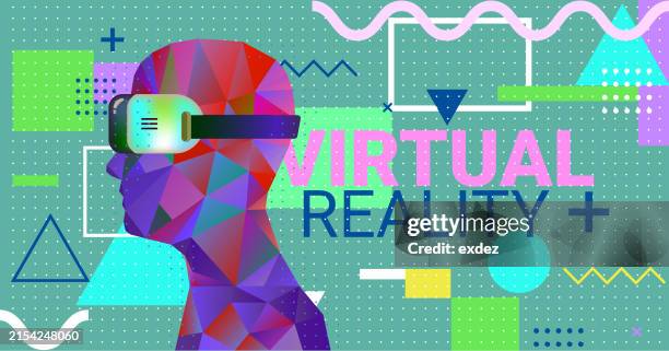 virtual reality text with vr device wearing guy - wearable camera point of view stock illustrations
