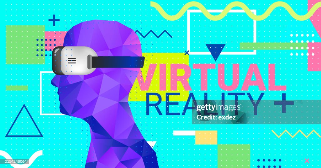 Virtual reality text with VR device wearing guy